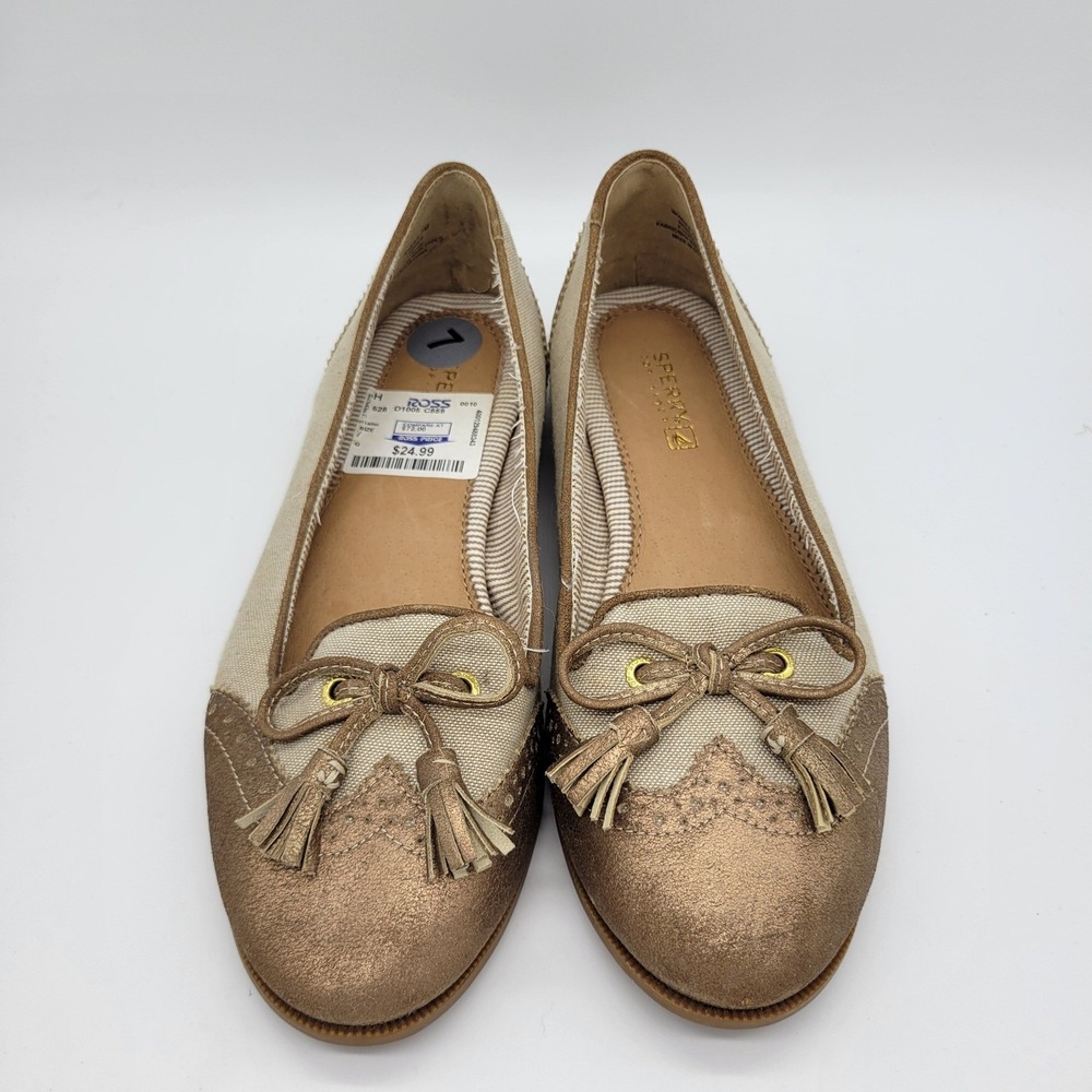 Sperry Top-Sider Womens 7M Metallic Bronze Canvas Wingtip Tassel Flats STS90928